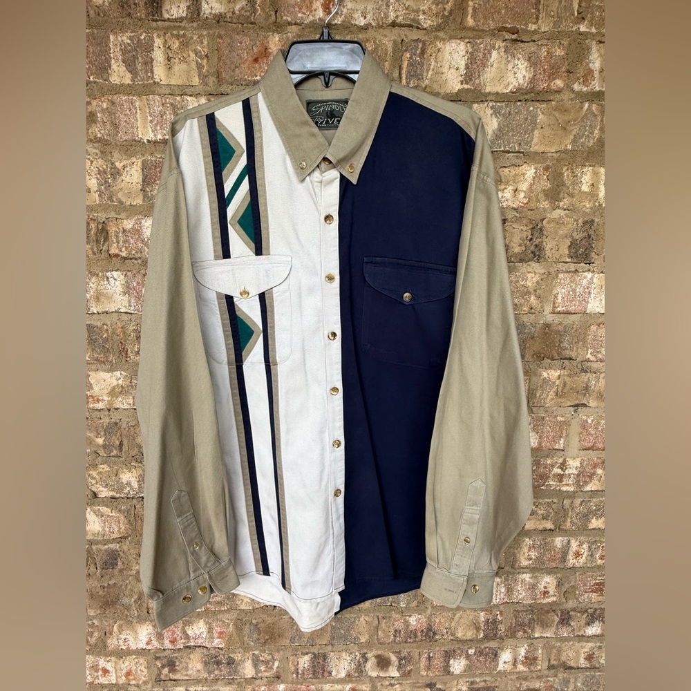 Vintage Spindle River Navy Western Shirt Color Block Aztec Pattern Men’s Size XL